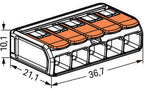 Złączka instalacyjna COMPACT do wszystkich rodzajów przewodów maksymalnie 6 mm 5-przewodowe z dźwigniami kolor obudowy przezroczysty temperatura otoczenia maksymalnie 85 °C (T85) 6,00 mm transparentny