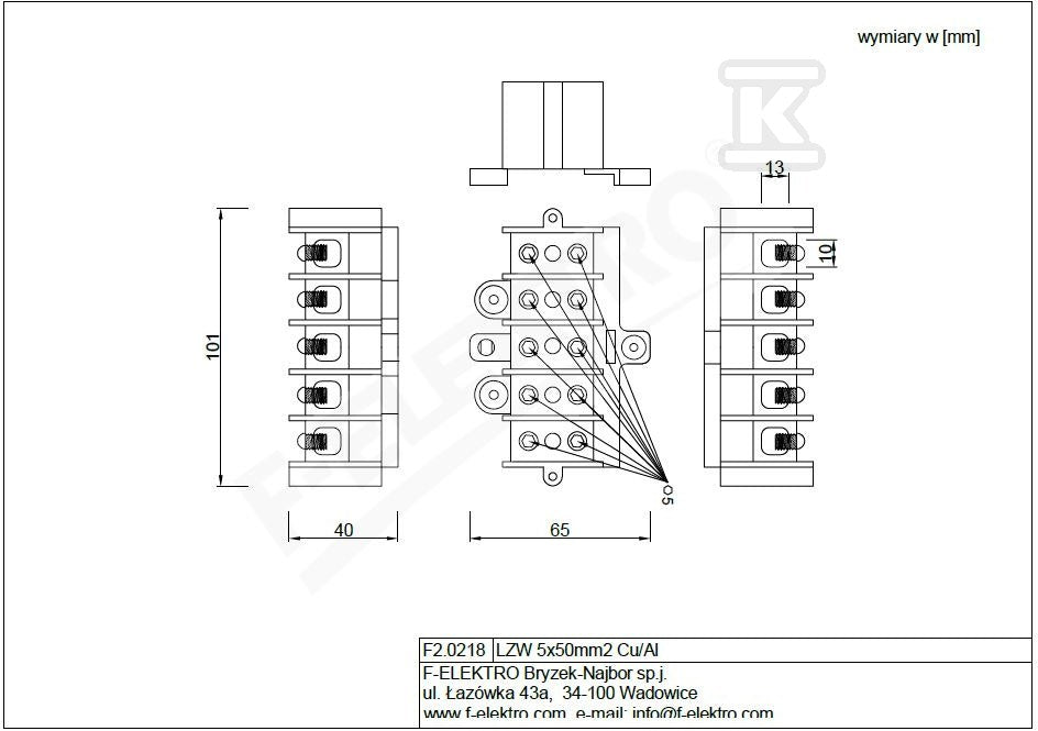 Listwa zaciskowa LZW 5x50mm2 Cu/Al.