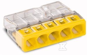 Złączka COMPACT do puszek instalacyjnych do przewodów jednodrutowych maksymalnie 2,5 mm 5-przewodowe kolor obudowy przezroczysty kolor pokrywy żółty temperatura otoczenia maksymalnie 60 °C (T60) 2,50 mm transparentny