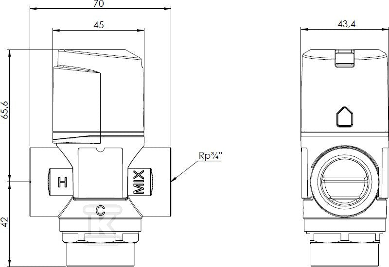 Termostatyczny zawór mieszający ATM 331 DN20 RP3/4" zakres temperatury 20-43 st C, Kvs 1,6 m3/h