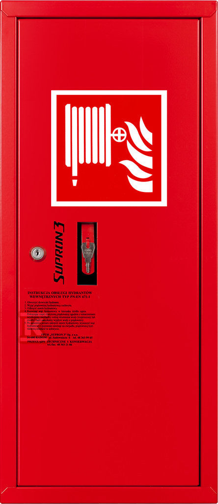 Hydrant DN25 zawieszany boczny, wąż 30m półsztywny, zamek patent, RAL 3000 prawy