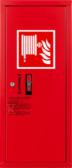 Hydrant DN25 zawieszany boczny, wąż 30m półsztywny, zamek patent, RAL 3000 prawy