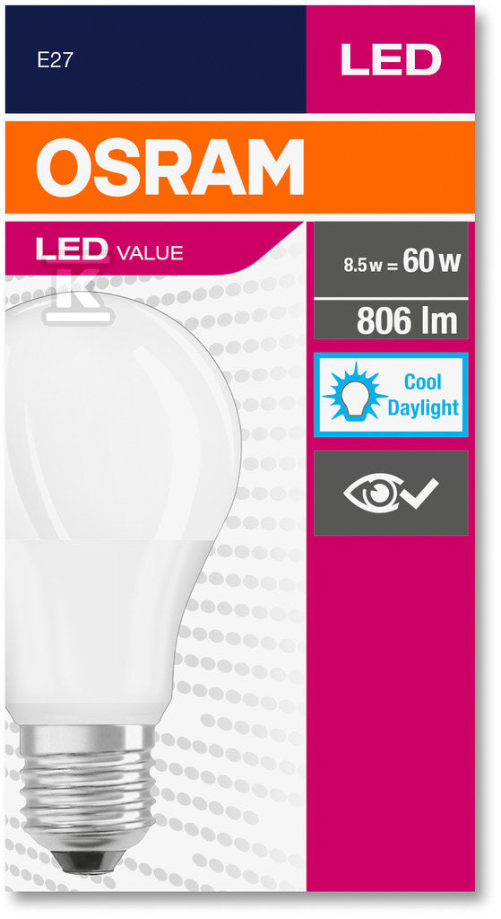Żarówka LED VALUE E27 8,5W=60W 6500K 806lm 865 A60 230V matowa