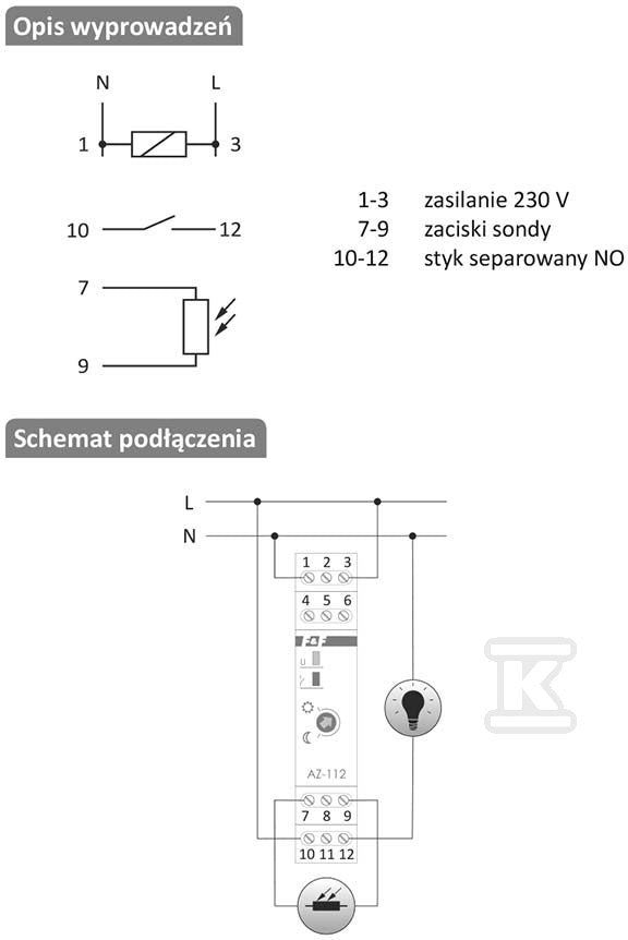 Automat zmierzchowy AZ-112-LED z zewnętrzną sondą, przekaźnik InRush16 A (160 A/20 ms)