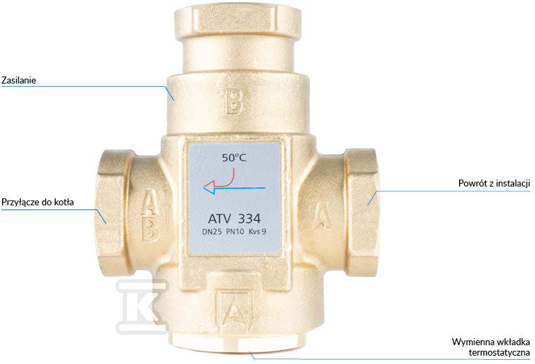 Zawór temperaturowy ATV 334, DN25, Rp1 ", kvs 9, 50°C
