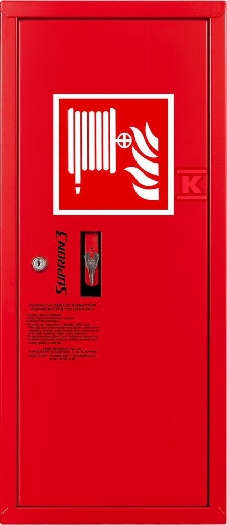 Hydrant DN25 zawieszany boczny, wąż 30m półsztywny, zamek patent, RAL 3000 prawy