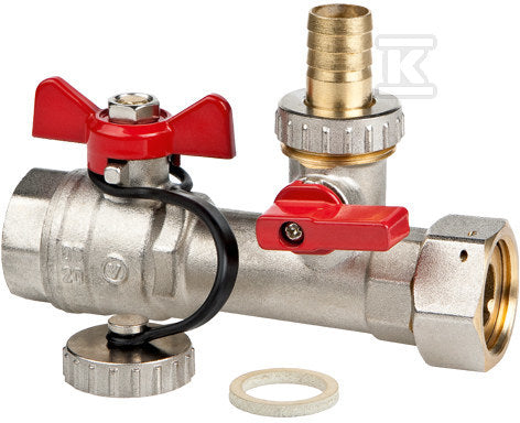 Zawór odcinający kulowy z obrotową nakrętką z możliwością plombowania, z motylkiem aluminiowym i zaworem spustowym SPIN 3/4" PN25, czerwony