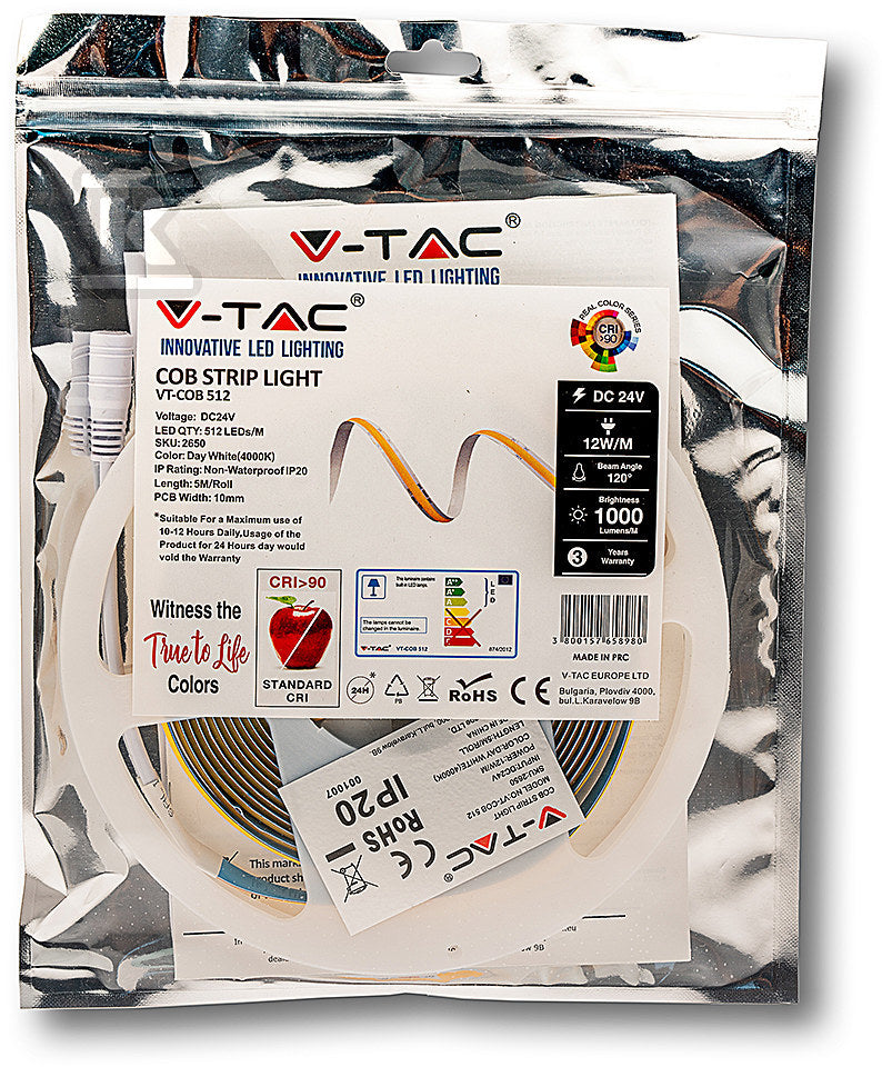 Taśma LED COB 512LED / 24V / CRI90+ A++ 12W / m VT-512 6000K / 1000lm