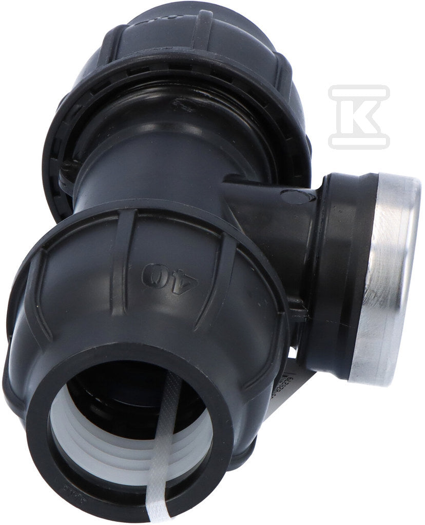 Trójnik zaciskowy PP 90st. 40x5/4"x40 GW gwint wewnętrzny PN16, do rur PE, kolor czarny