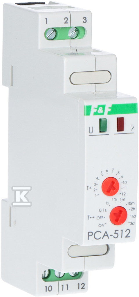Przekaźnik czasowy PCA-512 jednofunkcyjny - awersyjny (opóźn. rozłącz.), styk: 1P , U=230V, I=10A, 1 moduł
