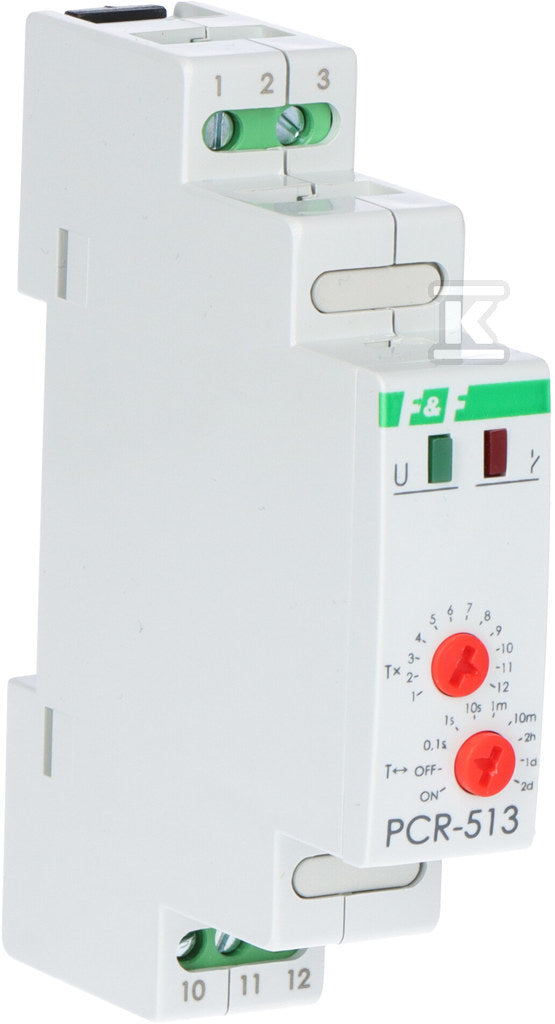 Przekaźnik czasowy PCR-513 UNI jednofunkcyjny- rewersyjny (opóźn. załączanie), styki: 1P , U=12-264V, I=10A, 1 moduł