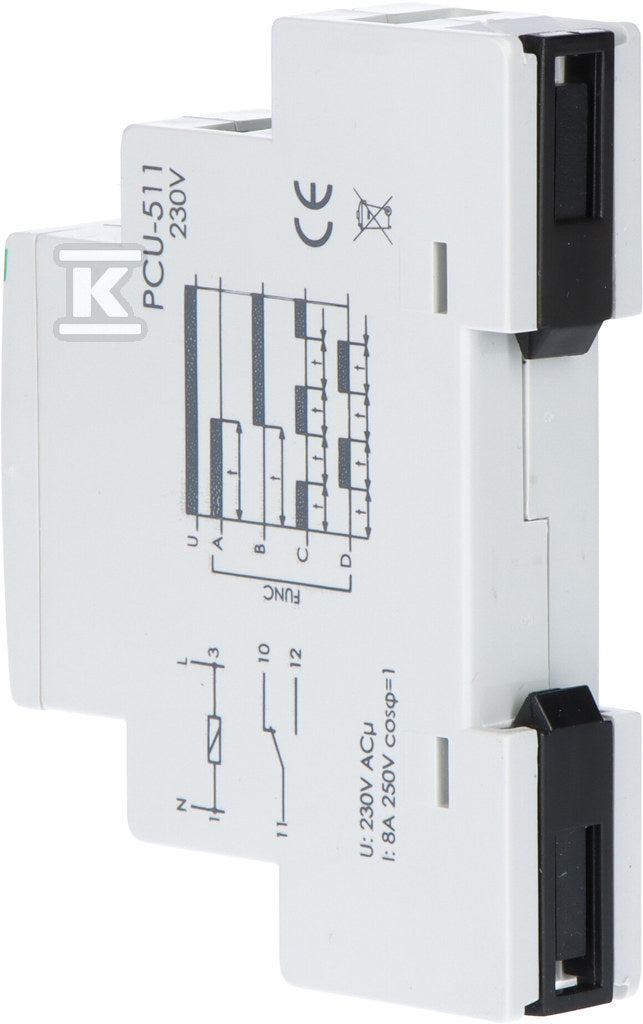 Przekaźnik czasowy PCU-511 wielofunkcyjny, styki:1P , U=230V, I=10A, 1 moduł