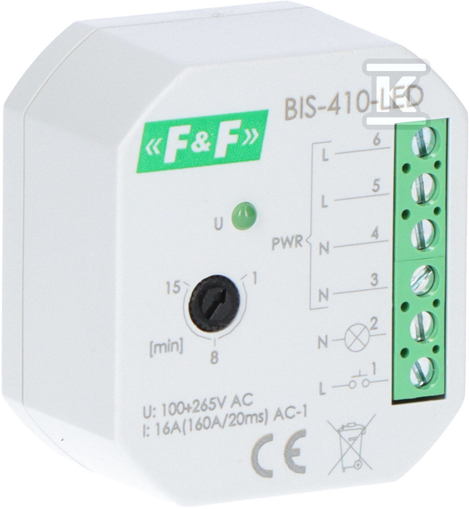 Przekaźnik bistabilny, podtynkowy z wyłącznikiem czasowym, do podświetlanych przycisków z przekaźnikiem inrush 160A/20ms BIS-410-LED