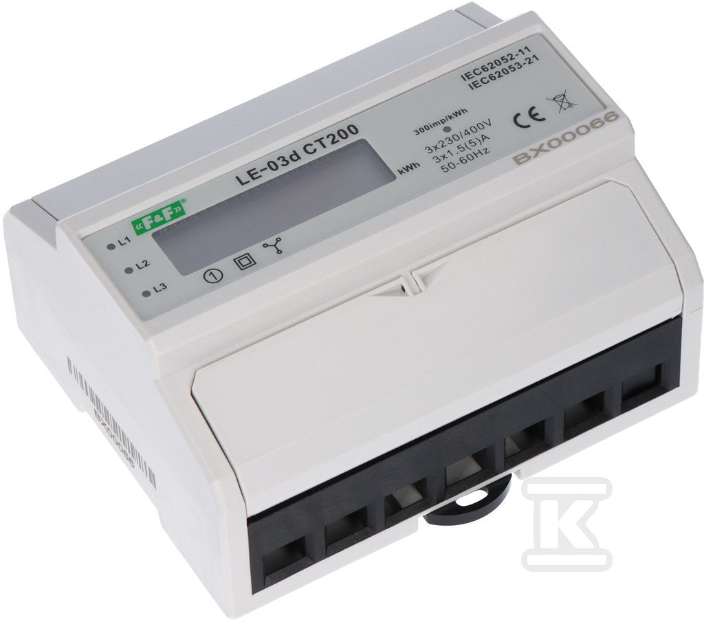 Licznik energii elektrycznej LE-03d CT-200 - trójfaz., wyświetlacz LCD, kl.1, wej. pom. 3x5A [przekładnik 200/5]
