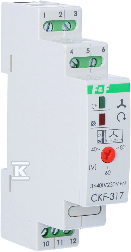 Czujnik kolejności i zaniku fazy CKF-317 styki: 1P, I=10A, próg regulowany:165-180V, 1 moduł