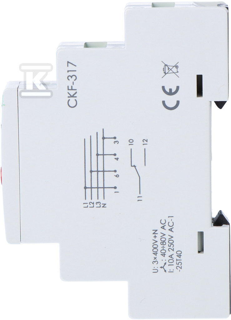 Czujnik kolejności i zaniku fazy CKF-317 styki: 1P, I=10A, próg regulowany:165-180V, 1 moduł