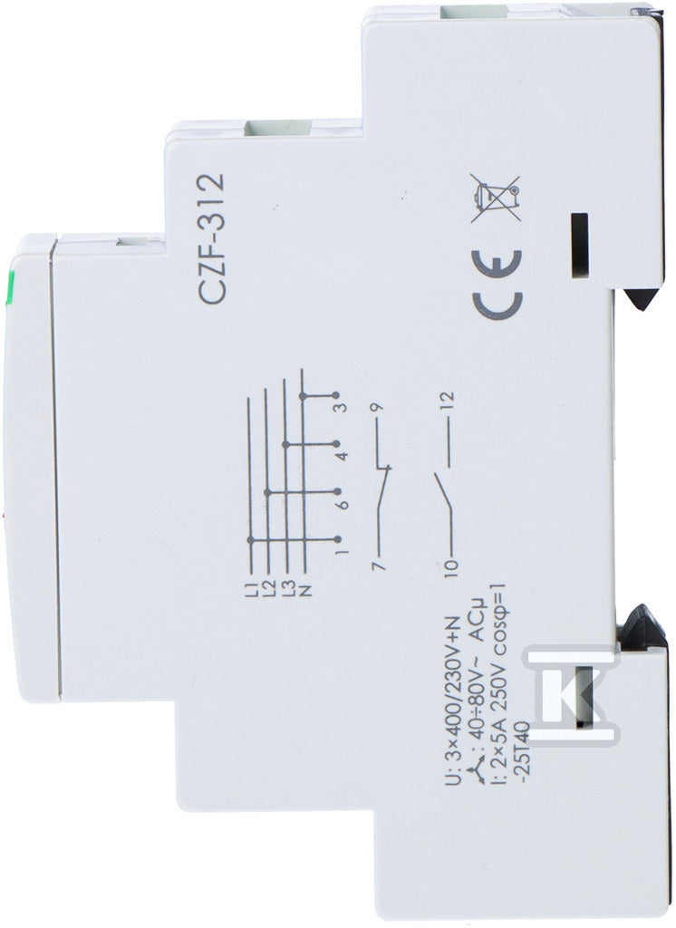 Czujnik zaniku i asymetrii faz CZF-312 Un=3×400V+N Io<2×5A montaż na szynie TH-35 regulacja napięcia zadziałania bezwłoczny