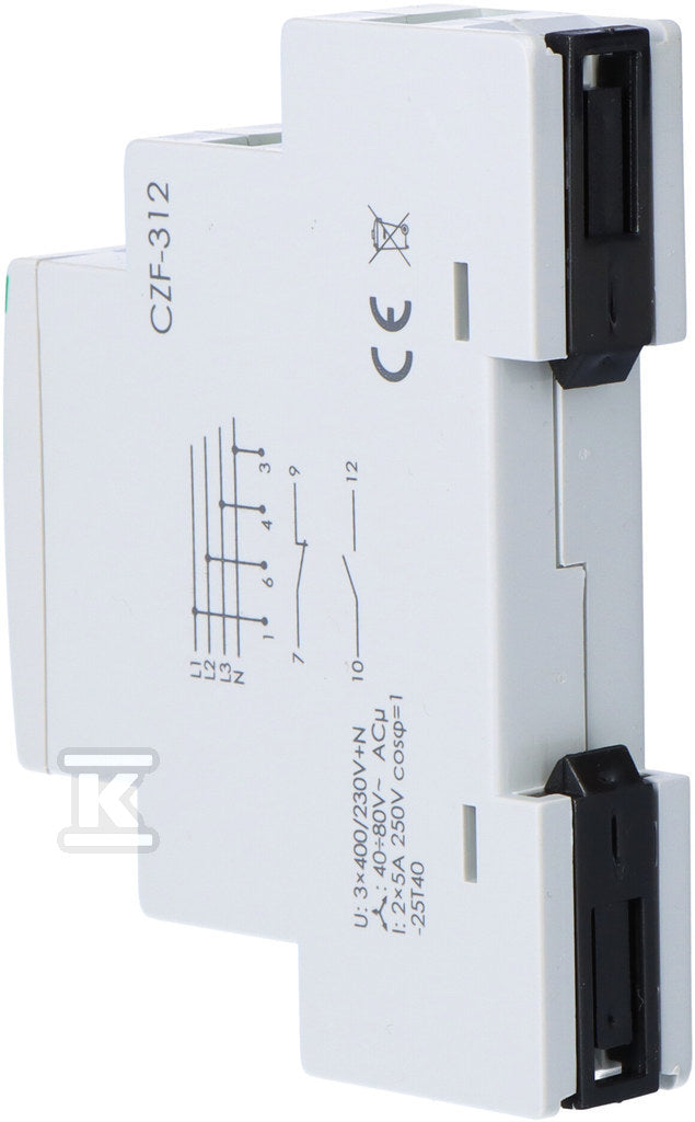 Czujnik zaniku i asymetrii faz CZF-312 Un=3×400V+N Io<2×5A montaż na szynie TH-35 regulacja napięcia zadziałania bezwłoczny