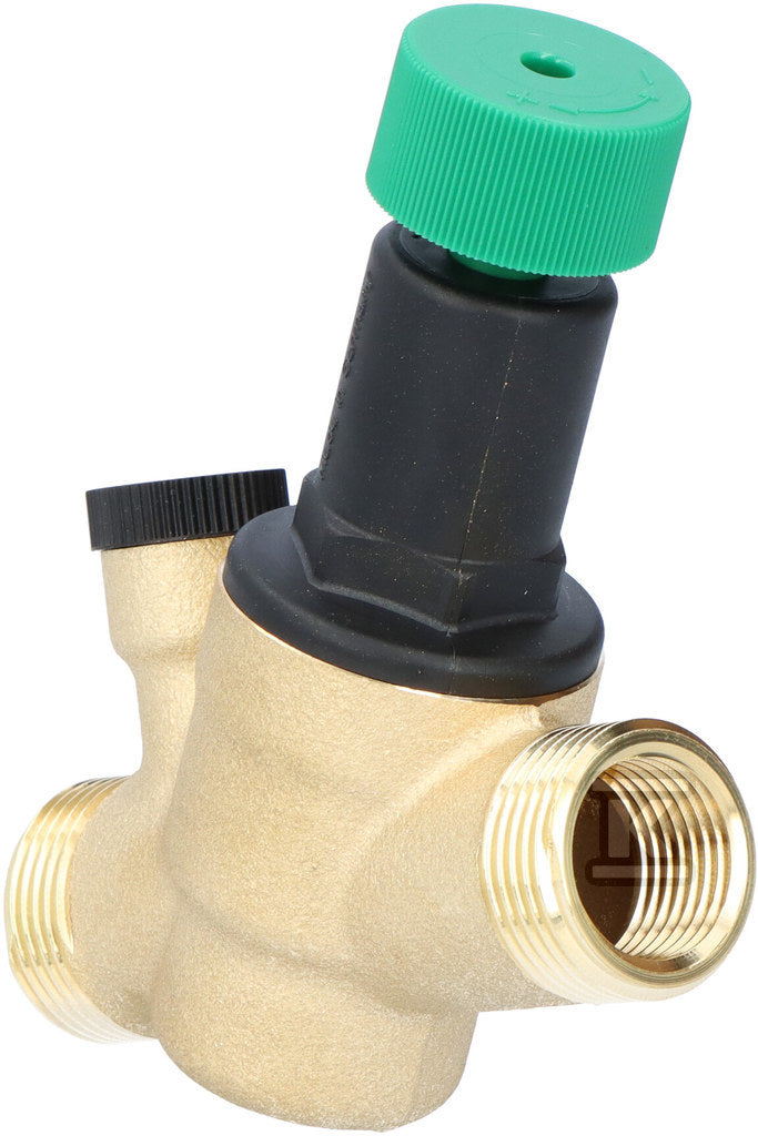 Regulator ciśnienia, DN15 gwinty przyłączeniowe: 1/2" wewnętrzny i 3/4" zewnętrzny na każdym z króćców. Przyłącze pod manometr: G1/4"