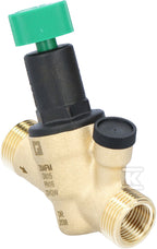 Regulator ciśnienia, DN15 gwinty przyłączeniowe: 1/2" wewnętrzny i 3/4" zewnętrzny na każdym z króćców. Przyłącze pod manometr: G1/4"