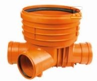 Kineta PP 400x160+P160, typ4 przelotowa z dopływem prawym, do rury wznoszącej gładkiej DN/OD 400mm oraz rur wlotowych gładkich 160mm+prawy dopływ 160mm, z uszczelką, kolor pomarańczowy (Diamir 400 gładka)