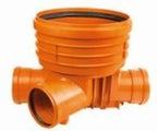 Kineta PP 400x160+P160, typ4 przelotowa z dopływem prawym, do rury wznoszącej gładkiej DN/OD 400mm oraz rur wlotowych gładkich 160mm+prawy dopływ 160mm, z uszczelką, kolor pomarańczowy (Diamir 400 gładka)