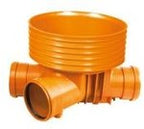Kineta PP 400x160+P160, typ4 przelotowa z dopływem prawym, do rury wznoszącej gładkiej DN/OD 400mm oraz rur wlotowych gładkich 160mm+prawy dopływ 160mm, z uszczelką, kolor pomarańczowy (Diamir 400 gładka)