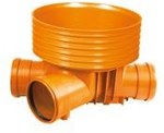 Kineta PP 400x160+P160, typ4 przelotowa z dopływem prawym, do rury wznoszącej gładkiej DN/OD 400mm oraz rur wlotowych gładkich 160mm+prawy dopływ 160mm, z uszczelką, kolor pomarańczowy (Diamir 400 gładka)