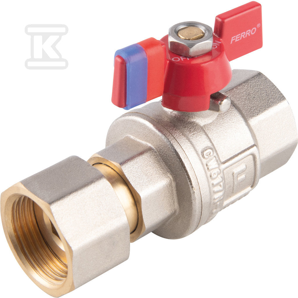 Zawór kulowy nakrętno-nakrętny z motylkiem, z półśrubunkiem, 1/2", F-Power