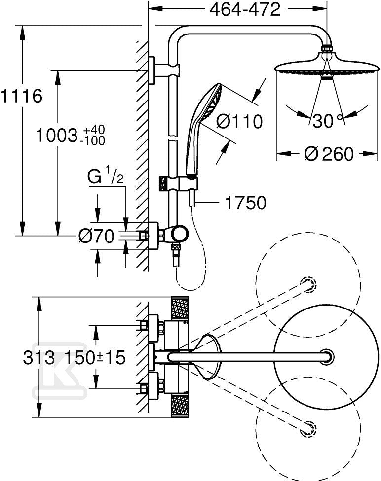 System prysznicowy Grohe Euphoria 260 z termostatem do montażu ściennego natynkowego, chrom, deszczownica 3 strumienie z ogranicznikiem przepływu 9,5 l/min., słuchawka 3 strumienie z ogranicznikiem przepływu 9,5 l/min., ramię prysznica 450 mm, blokada