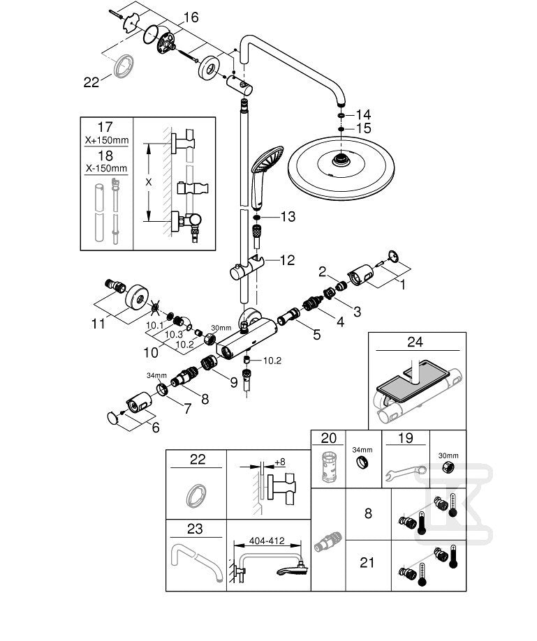 System prysznicowy Grohe Euphoria 310 z termostatem do montażu ściennego natynkowego, chrom, deszczownica jednostrumieniowa z ogranicznikiem przepływu 9,5 l/min., słuchawka 3 strumienie z ogranicznikiem przepływu 9,5 l/min., ramię prysznica 450 mm,