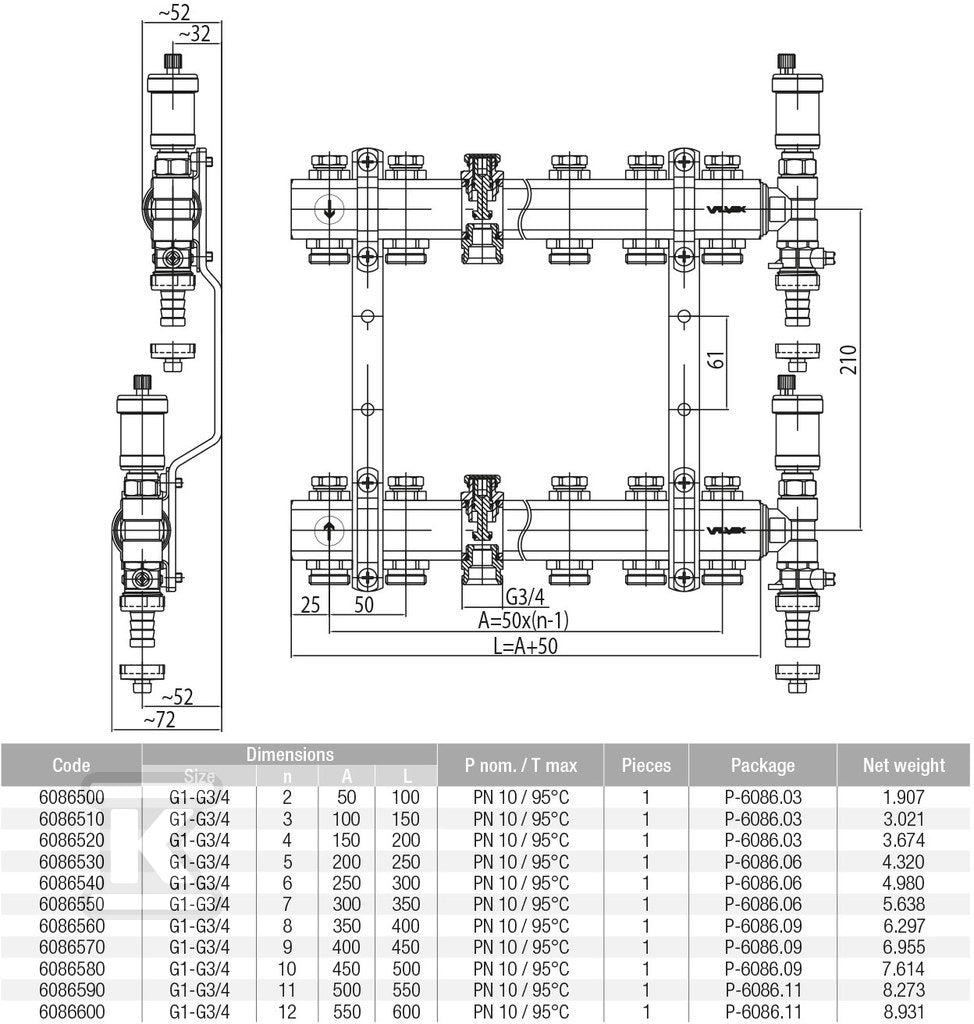 Zespół rozdzielaczy PROFF K3-9 G1"-G3/4" n=9