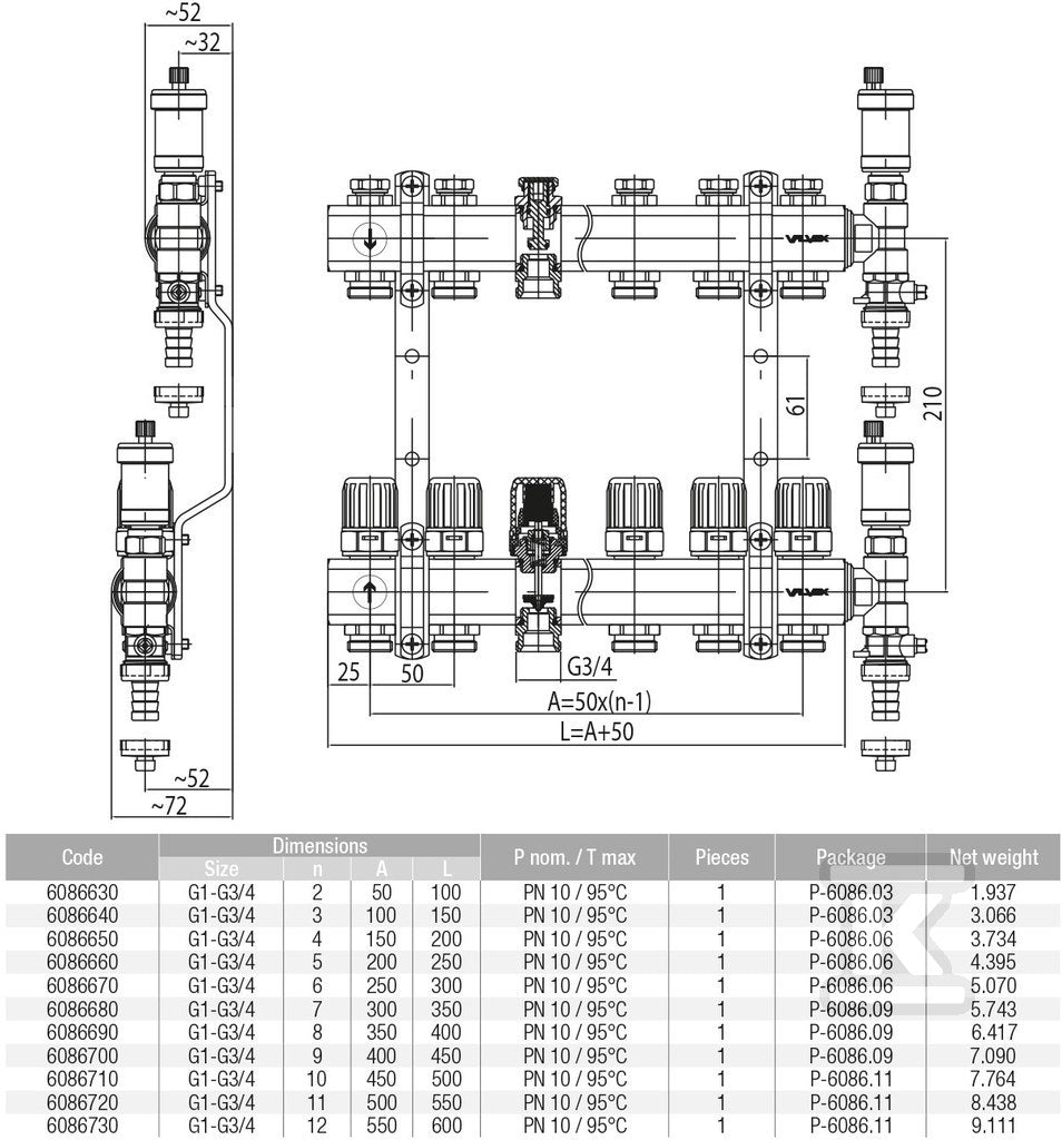 Zespół rozdzielaczy PROFF K4-6 G1"-G3/4" n=6