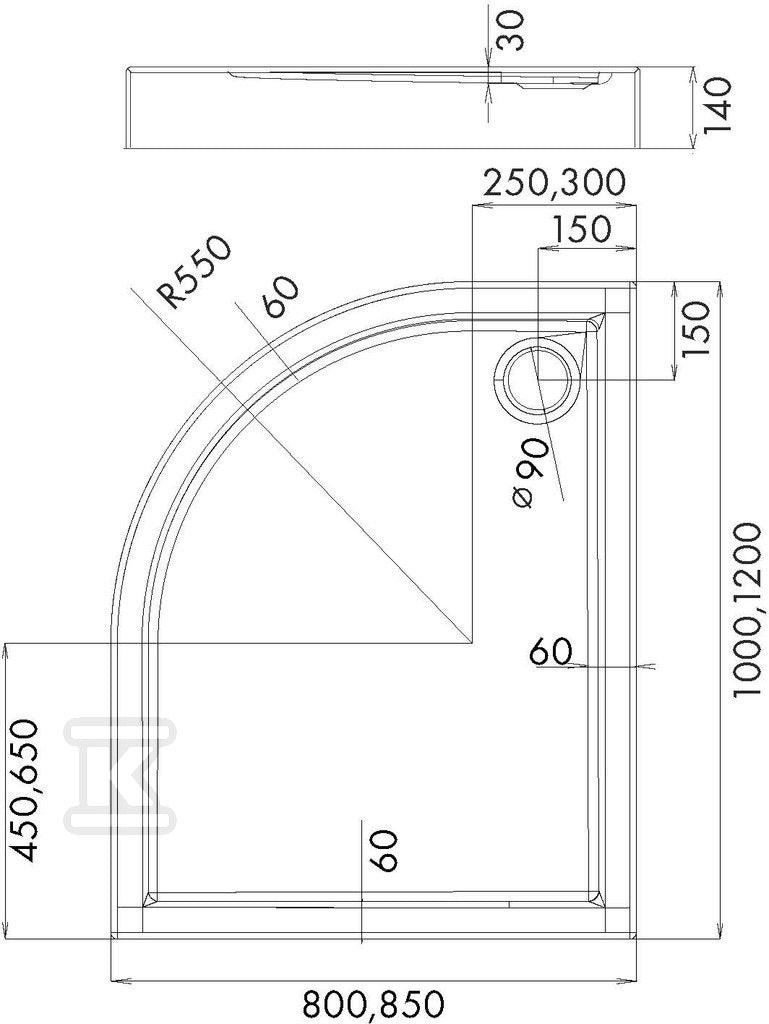 Brodzik akrylowy 3.0174 z zintegrowanym nośnikiem Stabilsound z przeciągniętym panelem do podłogi 120x85x14 cm R55 "Competia", asymetryczny prawy