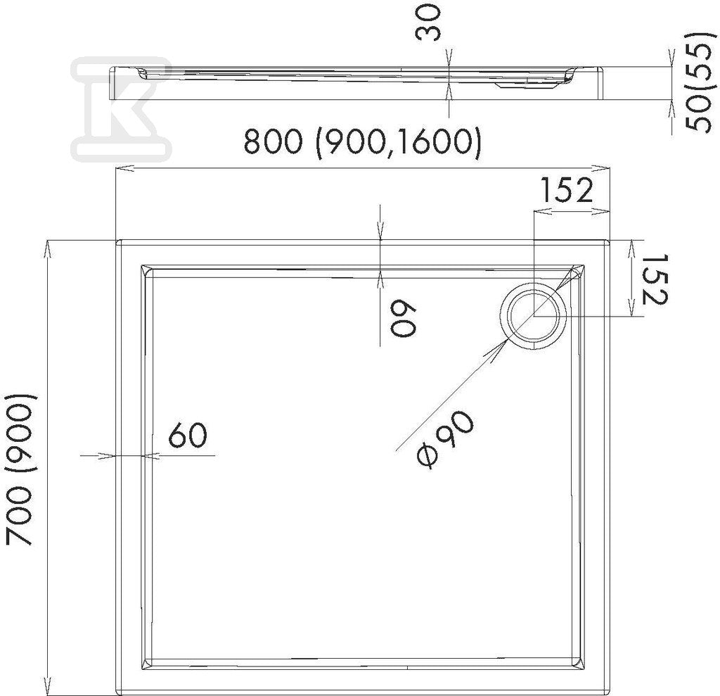 Brodzik akrylowy 3.2255 Standard 90x160x5,5 cm "Caspar", prostokątny