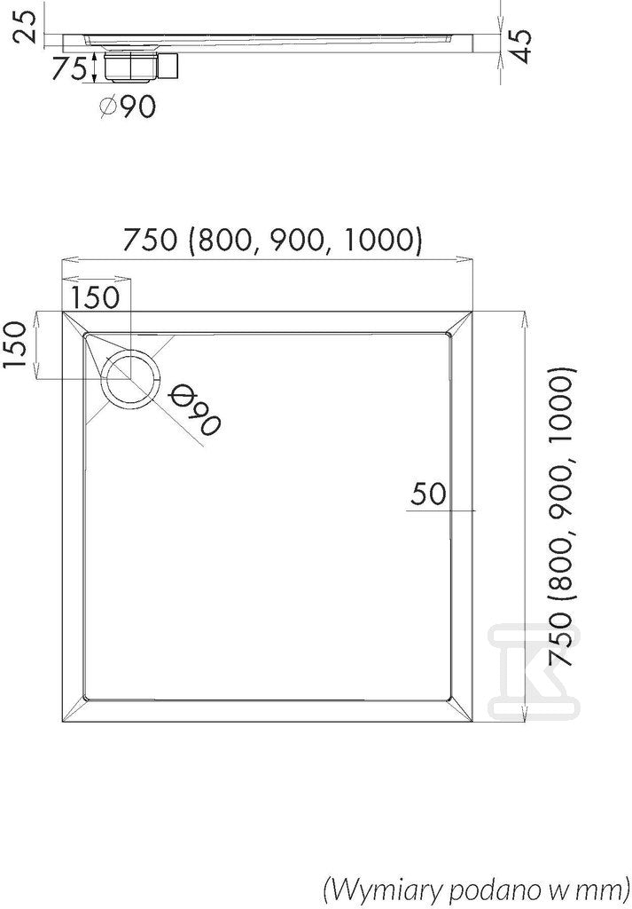 Brodzik akrylowy 3.2374 Standard 75x80x4,5 cm "Caspar New", prostokątny