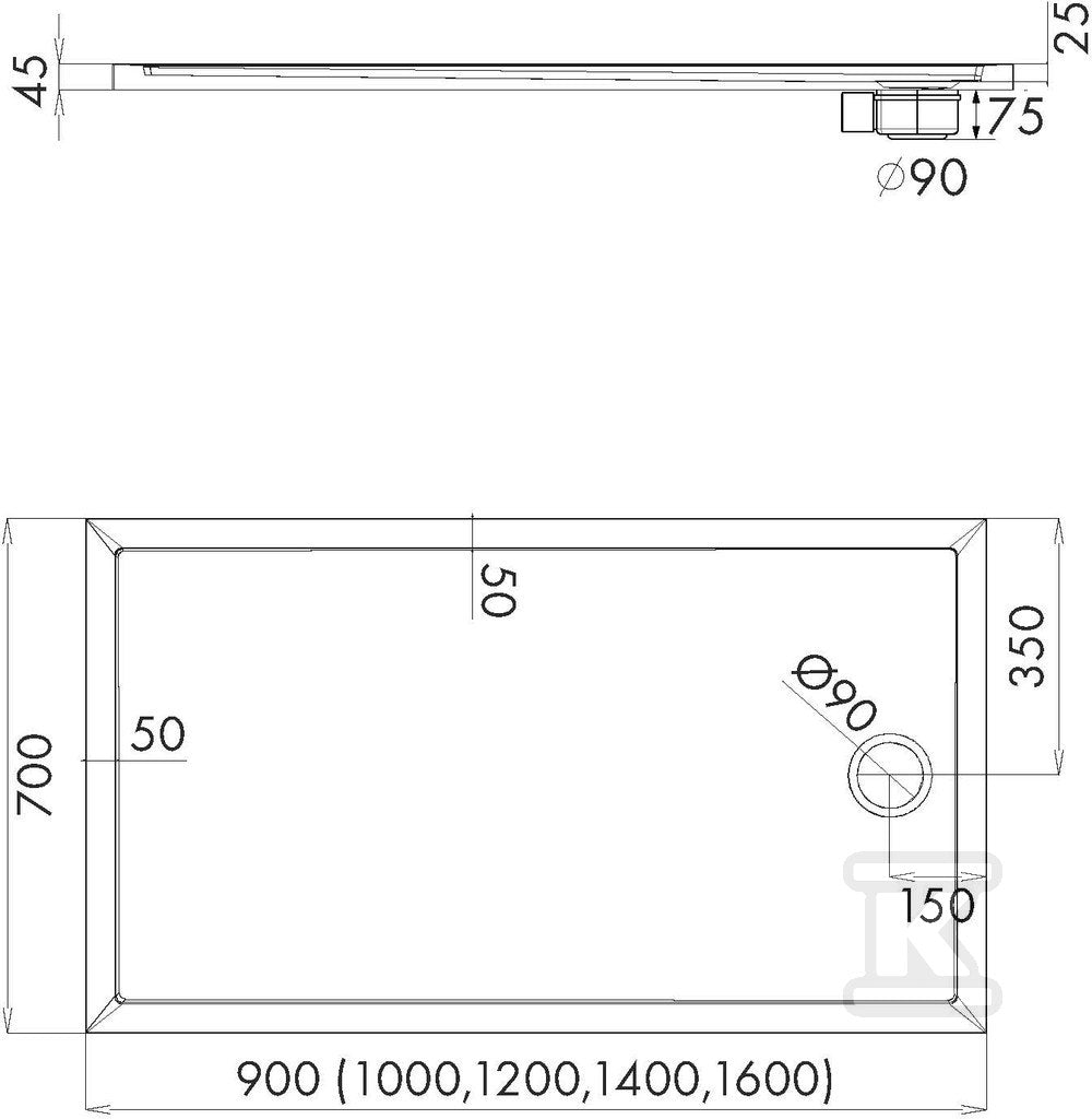 Brodzik akrylowy 3.2868 Standard 70x140x4,5 cm "Caspar New", prostokątny odplyw na krótkim boku
