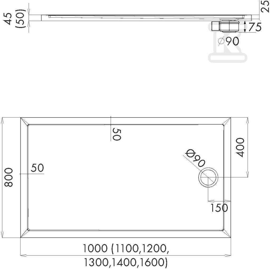 Brodzik akrylowy 3.2836 Standard 80x100x4,5 cm "Caspar New", prostokątny odplyw na krótkim boku