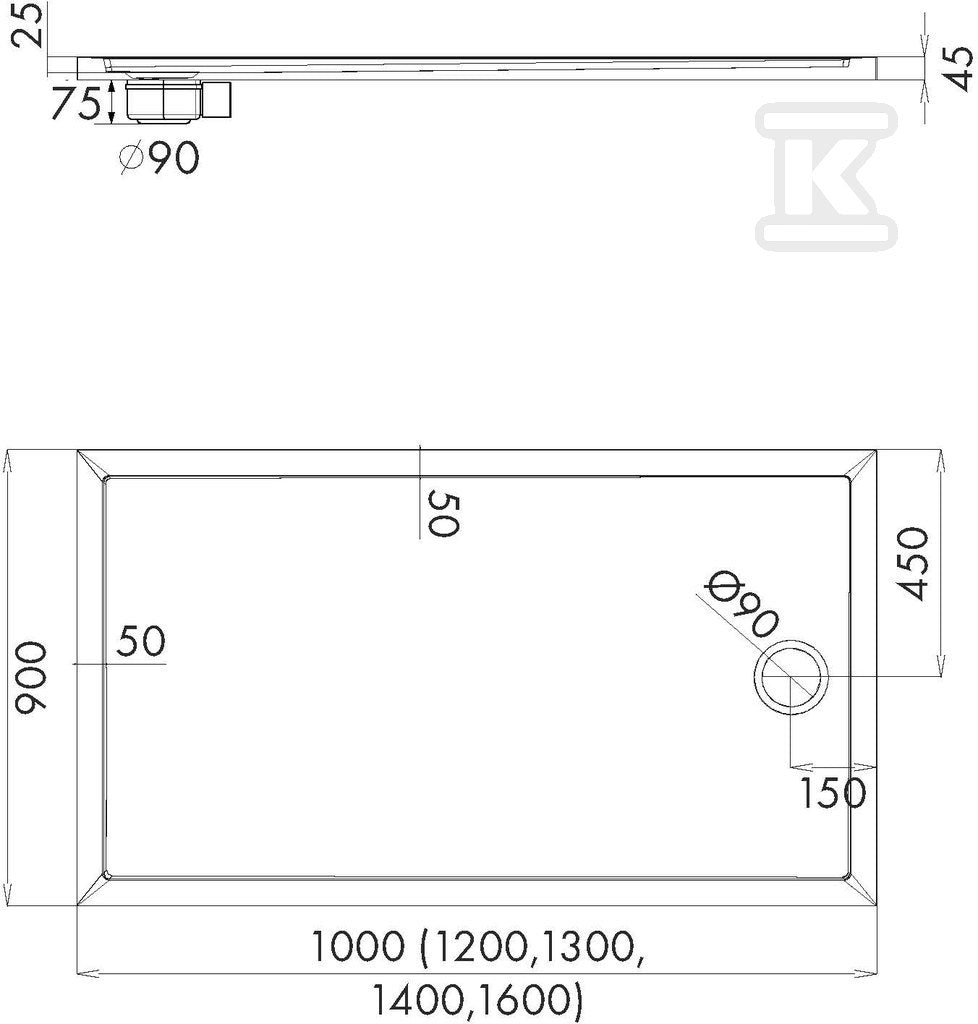 Brodzik akrylowy 3.2848 Standard 90x130x4,5 cm "Caspar New", prostokątny odplyw na krótkim boku