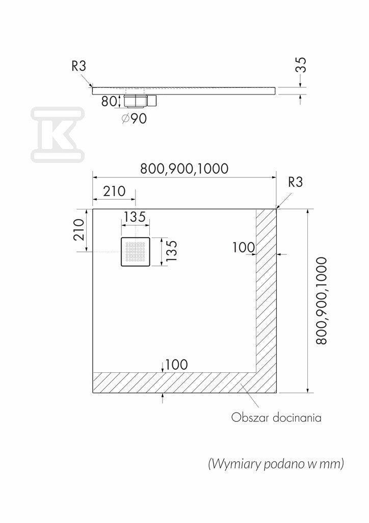Brodzik kompozytowy 3.3100 / C / ST-M2 Stabilsound Plus Black Stone 80x80x3,5 cm "Kalait", kwadratowy z maskownicą M2
