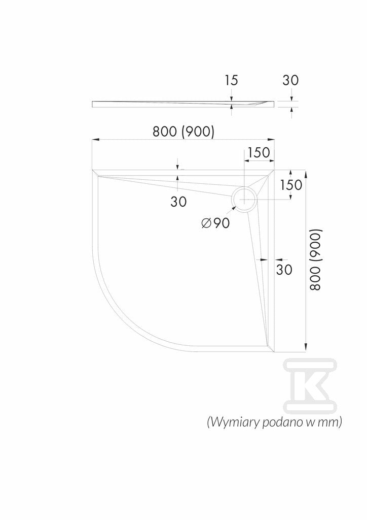 Brodzik kompozytowy 3.464 Stabilsound Plus 90x90x3 cm R55 "Etrusco", półokrągły