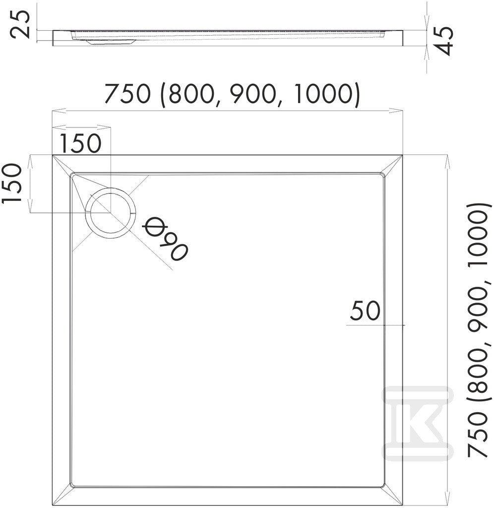 Brodzik kompozytowy 3.4331 Stabilsound Plus 90x90x4,5 cm "Corrina New", kwadratowy