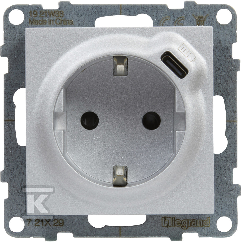 Gniazdo SCHUKO 2P+Z - 16 A - 250 V~ - + USB TYP C - 1,5 A - 5 V, ALUMINIUM SUNO