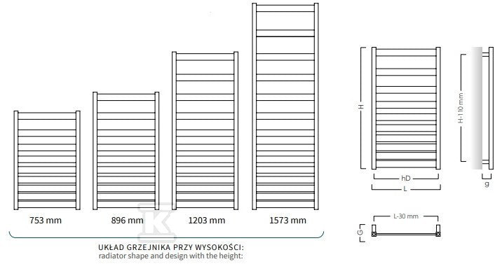 Grzejnik drabinkowy BELTI 500X896, 369W, podłączenie dolne, rozstaw=470mm, kolor: czarny mat (c31)