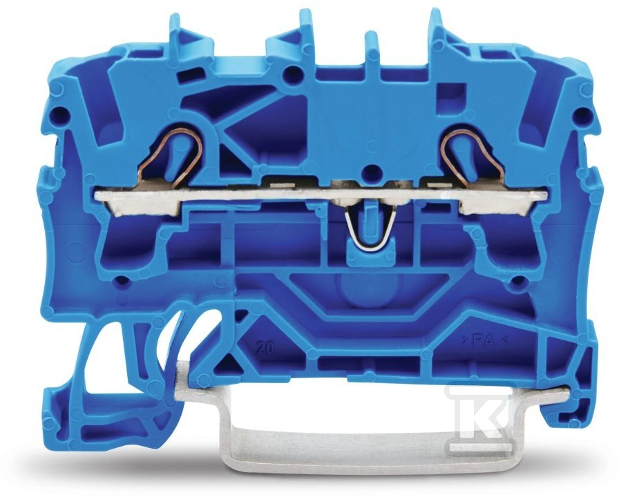 Złączka 2-przewodowa przelotowa 2,5 mm do zastosowań Ex e II oraz Ex i opis z boku i na środku na szynę TS 35 x 15 i 35 x 7,5 Push-in CAGE CLAMP 2,50 mm niebieski
