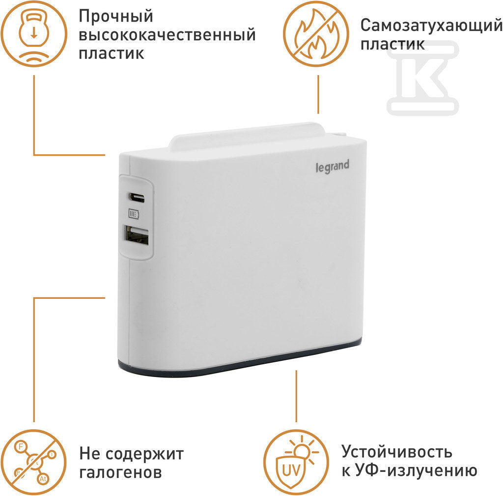 Rozgałęźnik 2x2P, USB A+C - biały/grafitowy, HELMO