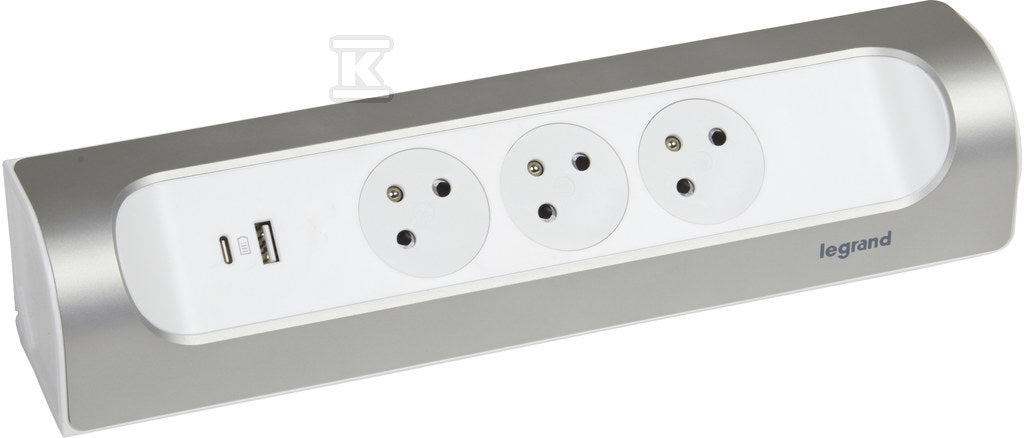 Przedłużacz narożny 3x2P+Z, USB A+C, bez przewodu (wielogniazdowy blok przenośny) - biały/aluminium, HELMO