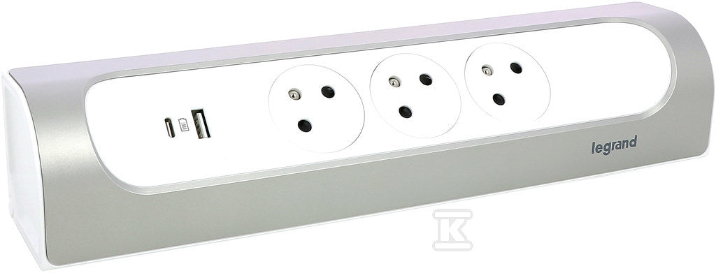 Przedłużacz narożny 3x2P+Z, USB A+C, bez przewodu (wielogniazdowy blok przenośny) - biały/aluminium, HELMO