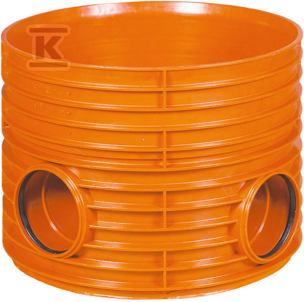 Kineta PP 600x200 dopływ lewy+prawy 135st.+225st. zbiorcza, bezspadkowa, do rury wznoszącej korugowanej DN/ID 600mm oraz rur wlotowych gładkich 160mm, z uszczelką, kolor pomarańczowy (Diamir 600)