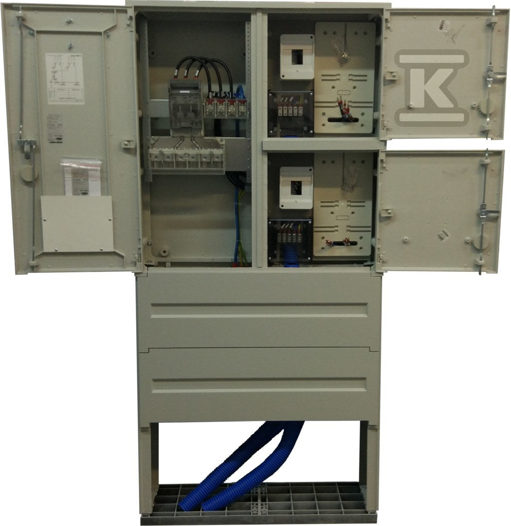 Szafka pomiarowa P2-RS/LZV/LZR/F, złącze kablowe - pomiarowe dla przyłączenia 2 instalacji, zasilane poprzez wcięcie magistralnej linii kablowej lub zasilanie pojedynczą linią kablową, w tym za pośrednictwem mufy rozgałęźnej z magistralnej linii kablowej.